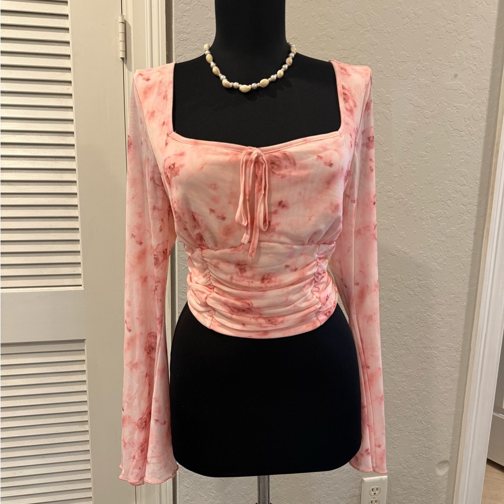 SHEIN Pink Tie-Dye Ruched Blouse